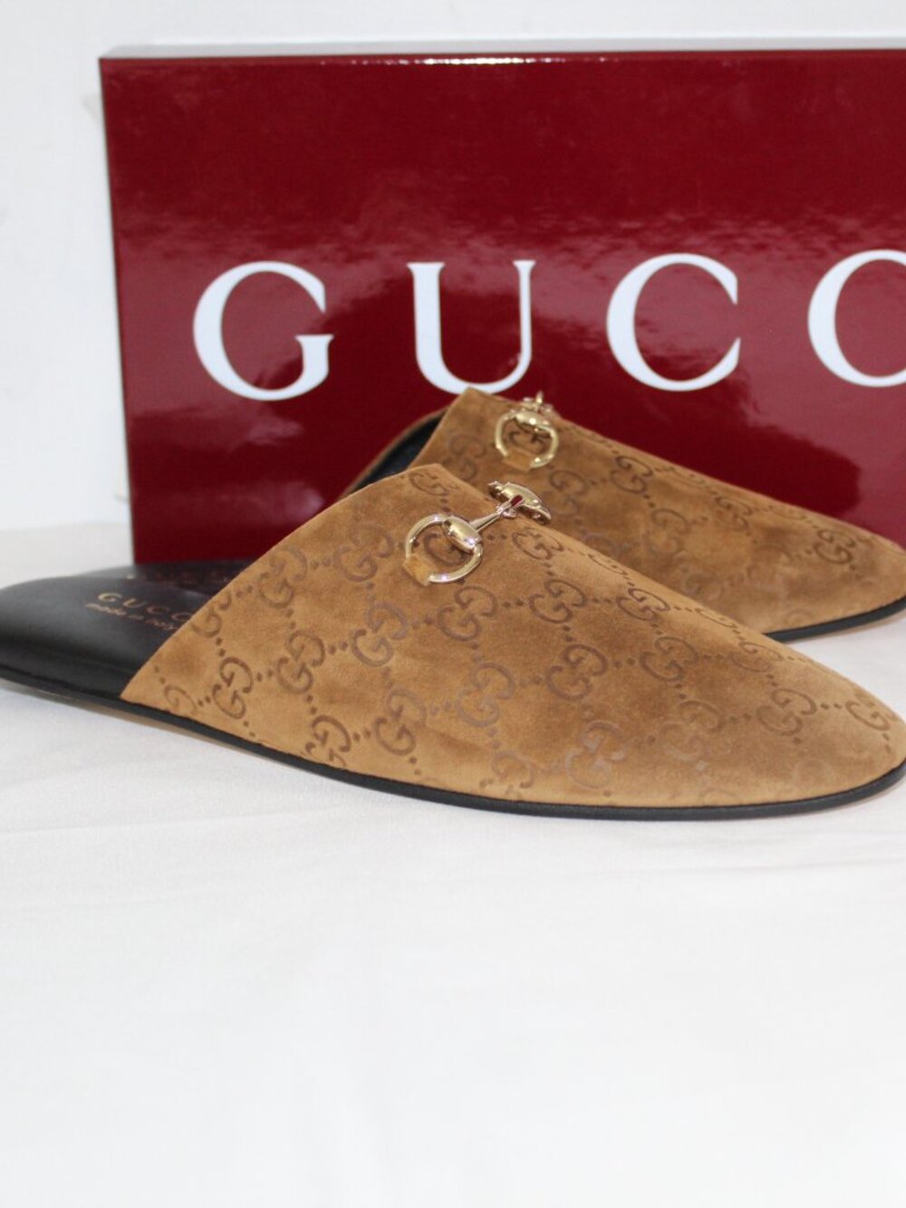 NEW Gucci Horsebit GG Monogram Suede Flats Mules Pepper Brown Flats 40 849565